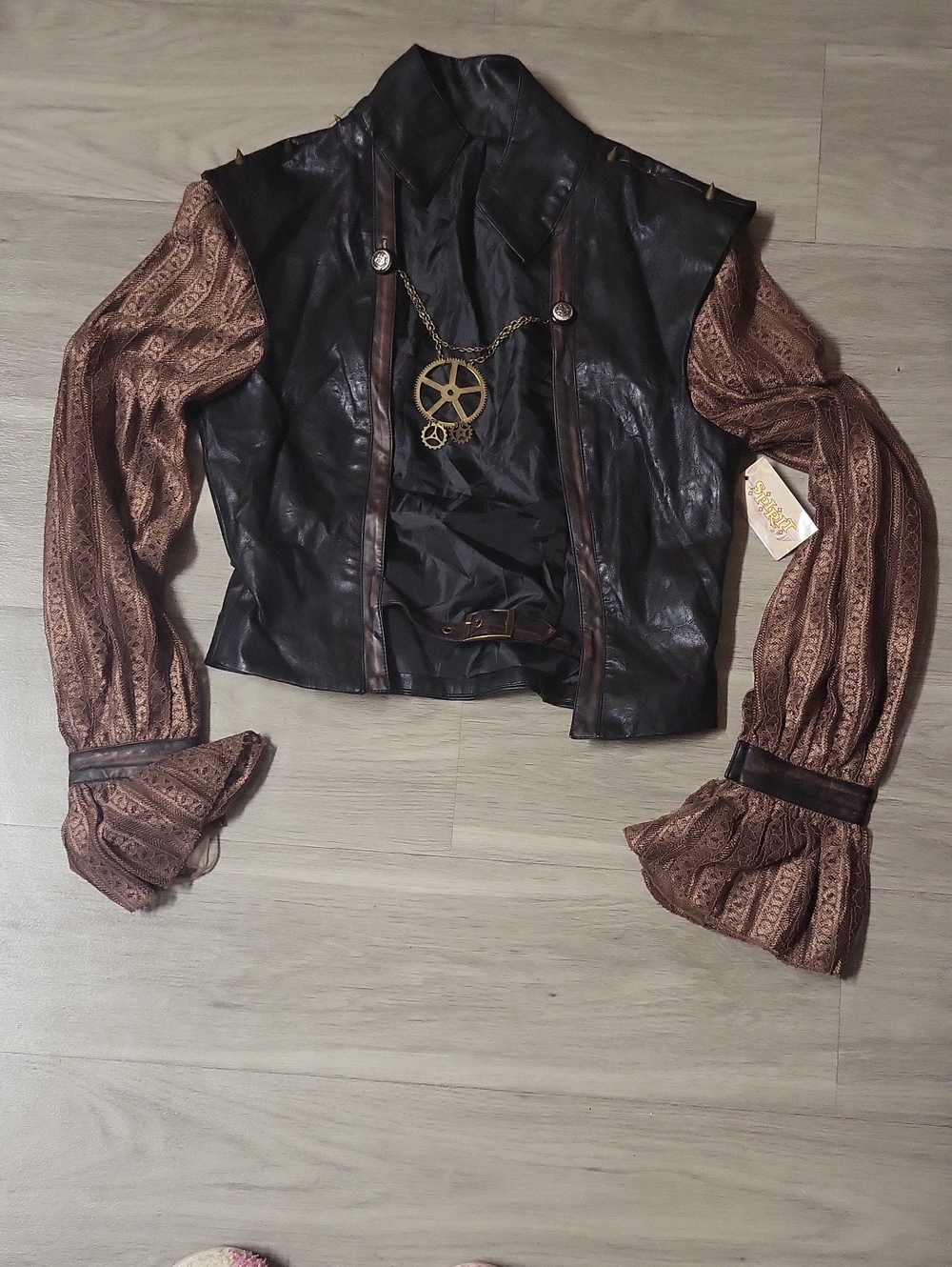 Spirit Black Faux Leather Vest with Brown Lace Puff Sleeves